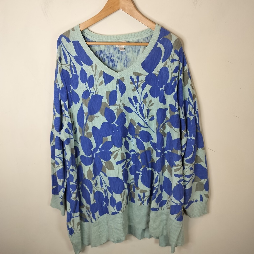 LOGO Lori Goldstein Floral Sweater Cotton Blend Long Sleeve